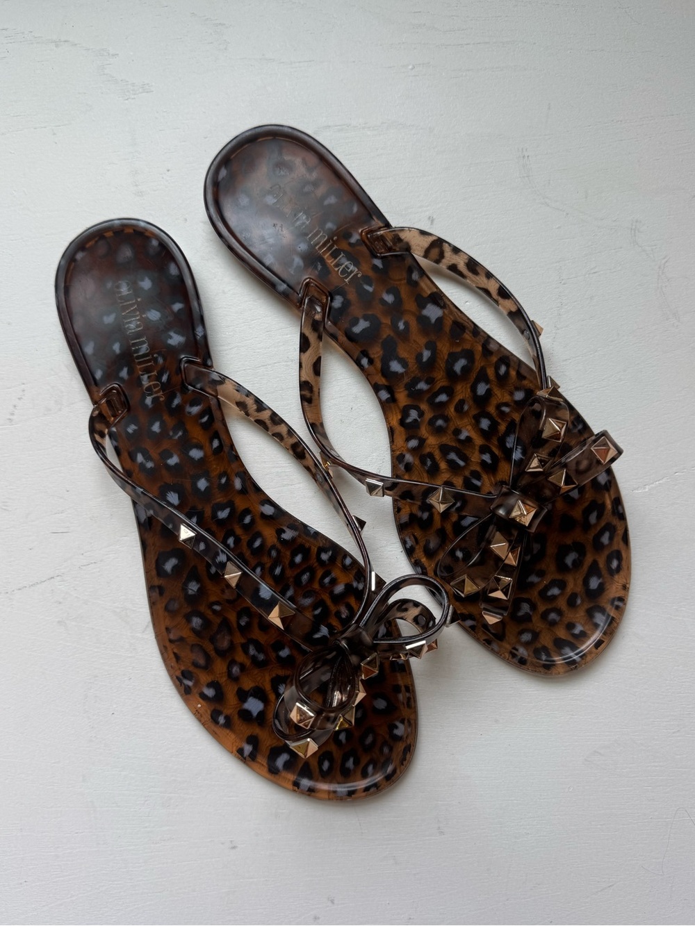 Olivia Miller Leopard Print Gold Stud Bow Jelly Thong Sandals